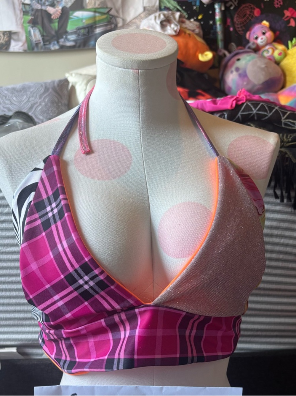 Pink Plaid Halter Crop Top with Shimmer Accent
